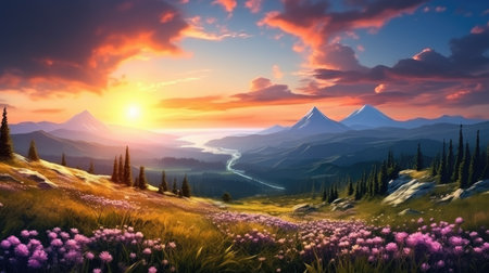 Idyllic Summer Mountain Meadow Aglow with Sunset and Wildflowers by Generative AIの素材
