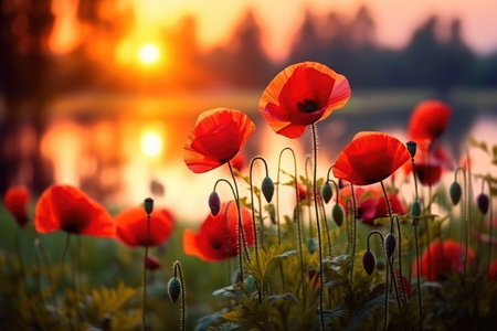 Impressionistic Red Poppies Blooming at Golden Sunrise in Meadow by Generative AIの素材