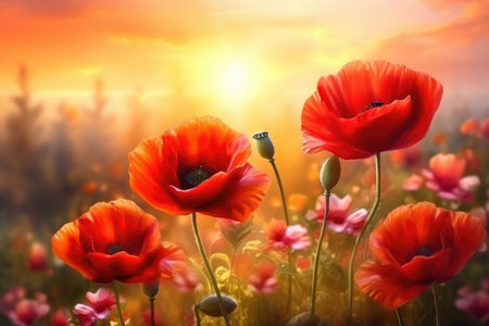 Impressionistic Red Poppies Blooming at Golden Sunrise in Meadow by Generative AIの素材