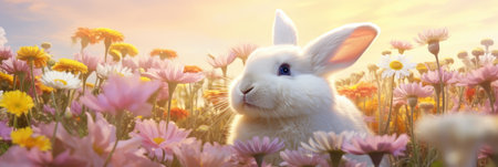 Enchanted Meadow: A White Rabbit's Haven Among Vibrant Wildflowers by Generative AIの素材