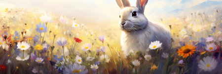Enchanted Meadow: A White Rabbit's Haven Among Vibrant Wildflowers by Generative AIの素材
