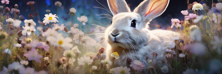 Enchanted Meadow: A White Rabbit's Haven Among Vibrant Wildflowers by Generative AIの素材