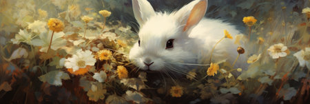 Enchanted Meadow: A White Rabbit's Haven Among Vibrant Wildflowers by Generative AIの素材