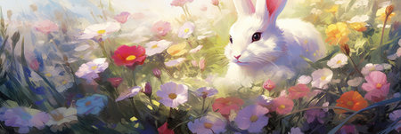 Enchanted Meadow: A White Rabbit's Haven Among Vibrant Wildflowers by Generative AIの素材