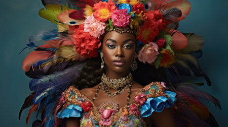 Radiant Carnival Queen: A Tapestry of Feathers and Fashion by Generative AIの素材