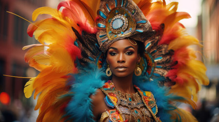 Radiant Carnival Queen: A Tapestry of Feathers and Fashion by Generative AIの素材