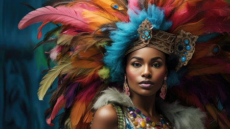 Radiant Carnival Queen: A Tapestry of Feathers and Fashion by Generative AIの素材