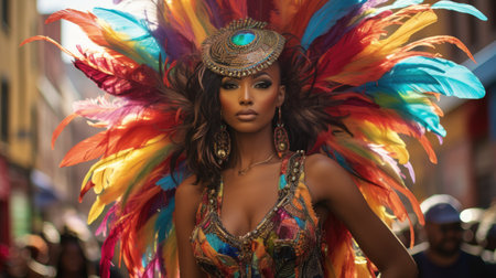 Radiant Carnival Queen: A Tapestry of Feathers and Fashion by Generative AIの素材