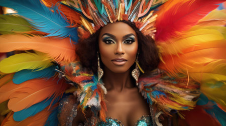 Radiant Carnival Queen: A Tapestry of Feathers and Fashion by Generative AIの素材