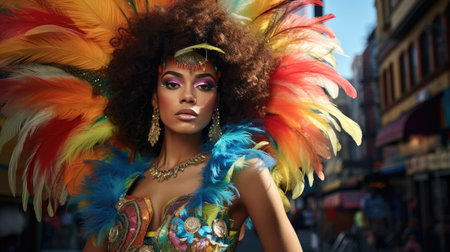 Radiant Carnival Queen: A Tapestry of Feathers and Fashion by Generative AIの素材