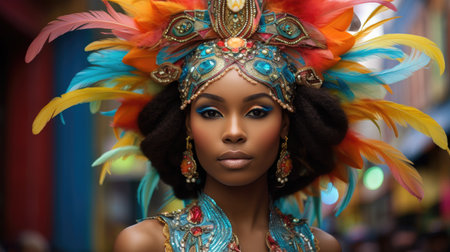 Radiant Carnival Queen: A Tapestry of Feathers and Fashion by Generative AIの素材