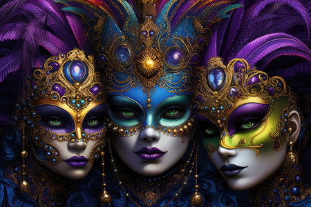 Enigmatic Trio: Lavish Mardi Gras Masks in a Burst of Colors by Generative AIの素材