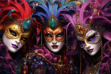 Enigmatic Trio: Lavish Mardi Gras Masks in a Burst of Colors by Generative AIの素材