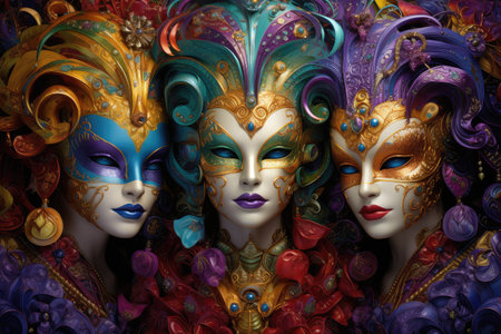 Enigmatic Trio: Lavish Mardi Gras Masks in a Burst of Colors by Generative AIの素材