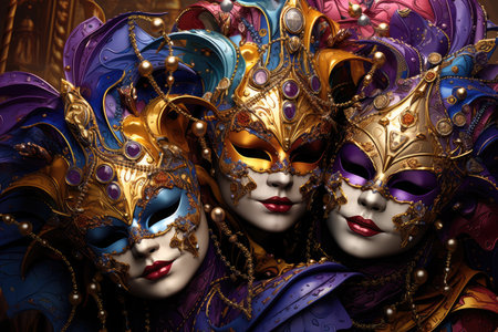 Enigmatic Trio: Lavish Mardi Gras Masks in a Burst of Colors by Generative AIの素材