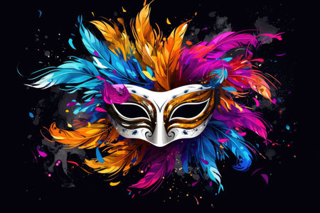 Extravagant Carnival Mask Adorned with Vivid Feathers and Artistic Flair by Generative AIの素材