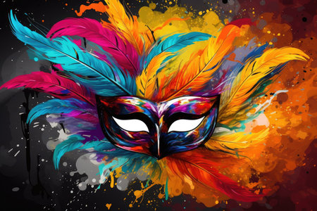 Extravagant Carnival Mask Adorned with Vivid Feathers and Artistic Flair by Generative AIの素材