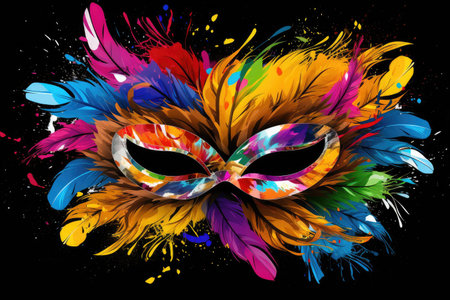 Extravagant Carnival Mask Adorned with Vivid Feathers and Artistic Flair by Generative AIの素材