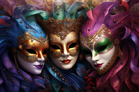 Enigmatic Trio: Lavish Mardi Gras Masks in a Burst of Colors by Generative AIの素材