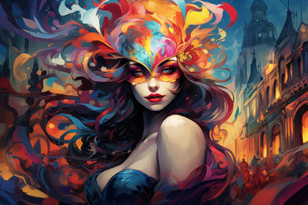 Vibrant Masquerade: Artistic Vision of Urban Carnival Beauty by Generative AIの素材