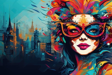 Urban Elegance: Woman in Colorful Mask Against City Backdrop by Generative Aの素材