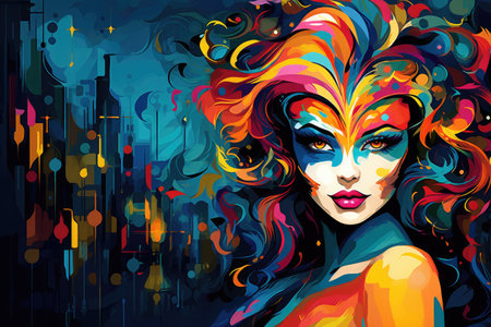Urban Elegance: Woman in Colorful Mask Against City Backdrop by Generative Aの素材