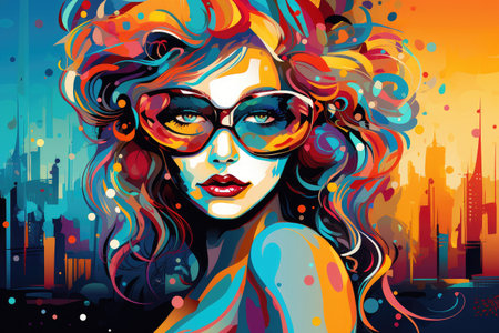 Urban Elegance: Woman in Colorful Mask Against City Backdrop by Generative Aの素材