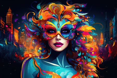 Urban Elegance: Woman in Colorful Mask Against City Backdrop by Generative Aの素材