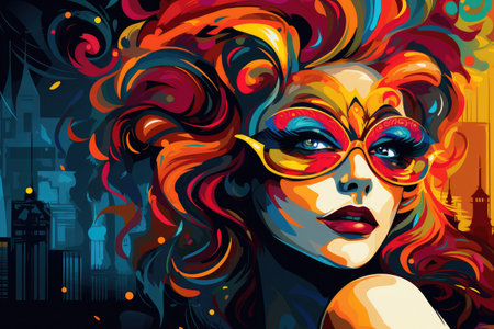 Urban Elegance: Woman in Colorful Mask Against City Backdrop by Generative Aの素材
