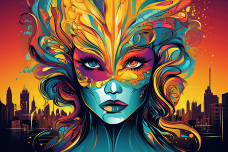Urban Elegance: Woman in Colorful Mask Against City Backdrop by Generative Aの素材