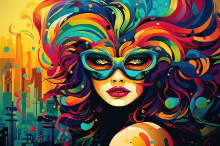 Urban Elegance: Woman in Colorful Mask Against City Backdrop by Generative Aの素材