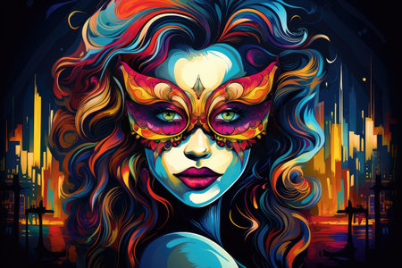 Urban Elegance: Woman in Colorful Mask Against City Backdrop by Generative Aの素材