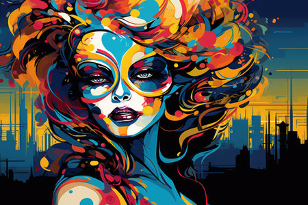 Urban Elegance: Woman in Colorful Mask Against City Backdrop by Generative Aの素材