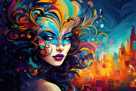 Urban Elegance: Woman in Colorful Mask Against City Backdrop by Generative Aの素材