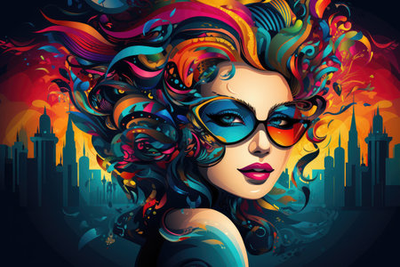 Urban Elegance: Woman in Colorful Mask Against City Backdrop by Generative Aの素材