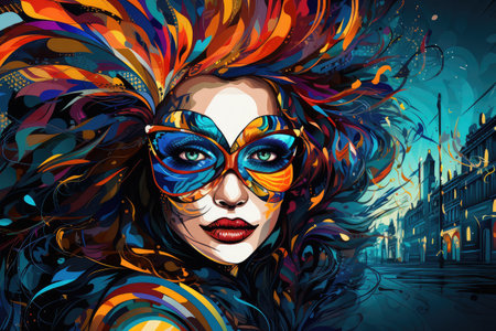 Urban Elegance: Woman in Colorful Mask Against City Backdrop by Generative Aの素材