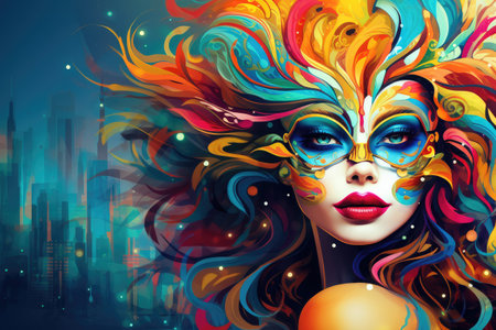 Urban Elegance: Woman in Colorful Mask Against City Backdrop by Generative Aの素材