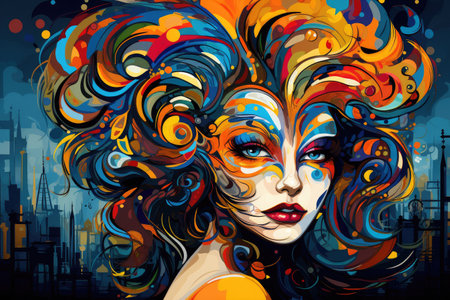 Urban Elegance: Woman in Colorful Mask Against City Backdrop by Generative Aの素材