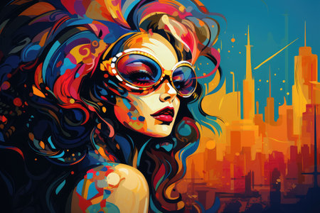 Urban Elegance: Woman in Colorful Mask Against City Backdrop by Generative Aの素材