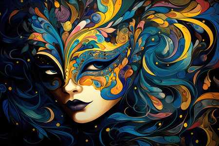 Mysterious Elegance: Woman in Ornate Carnival Mask and Colorful Feathers by Generative AIの素材