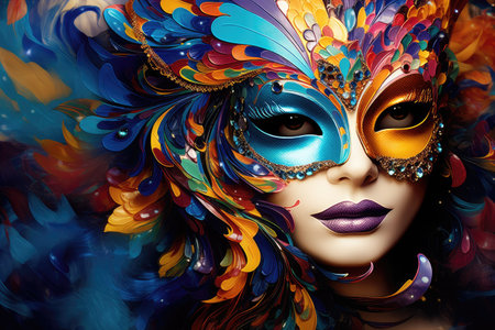 Mysterious Elegance: Woman in Ornate Carnival Mask and Colorful Feathers by Generative AIの素材