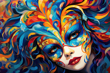 Mysterious Elegance: Woman in Ornate Carnival Mask and Colorful Feathers by Generative AIの素材