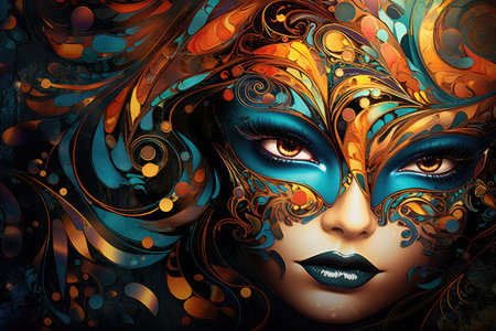 Mysterious Elegance: Woman in Ornate Carnival Mask and Colorful Feathers by Generative AIの素材