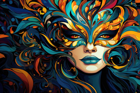Mysterious Elegance: Woman in Ornate Carnival Mask and Colorful Feathers by Generative AIの素材