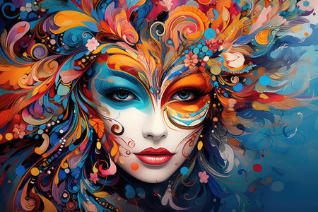 Mysterious Elegance: Woman in Ornate Carnival Mask and Colorful Feathers by Generative AIの素材
