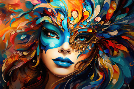Mysterious Elegance: Woman in Ornate Carnival Mask and Colorful Feathers by Generative AIの素材