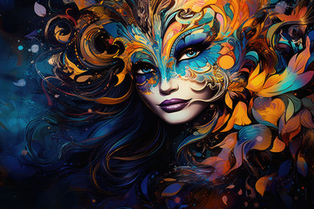 Mysterious Elegance: Woman in Ornate Carnival Mask and Colorful Feathers by Generative AIの素材