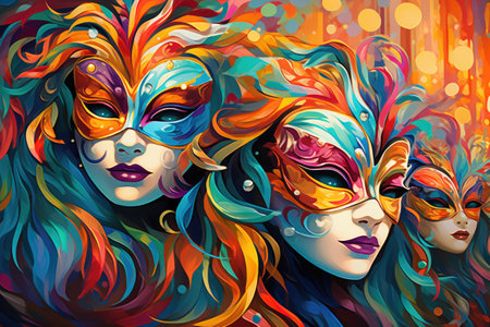 Mysterious Elegance: Woman in Ornate Carnival Mask and Colorful Feathers by Generative AIの素材