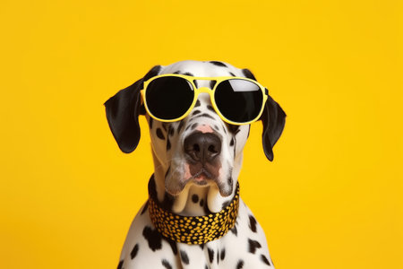 Stylish Dalmatian Pup Rocks Yellow Sunglasses and Polka Dot Charm by Generative AIの素材