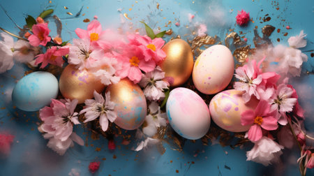 Exquisite Easter Eggs Adorned with Spring Flowers and Gold by Generative AIの素材